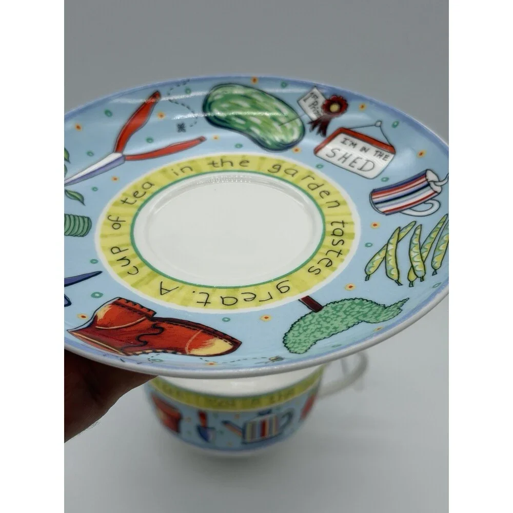 Royal Worcester England Cup & Saucer Set Tea in the Garden Blue 2005 Porcelain